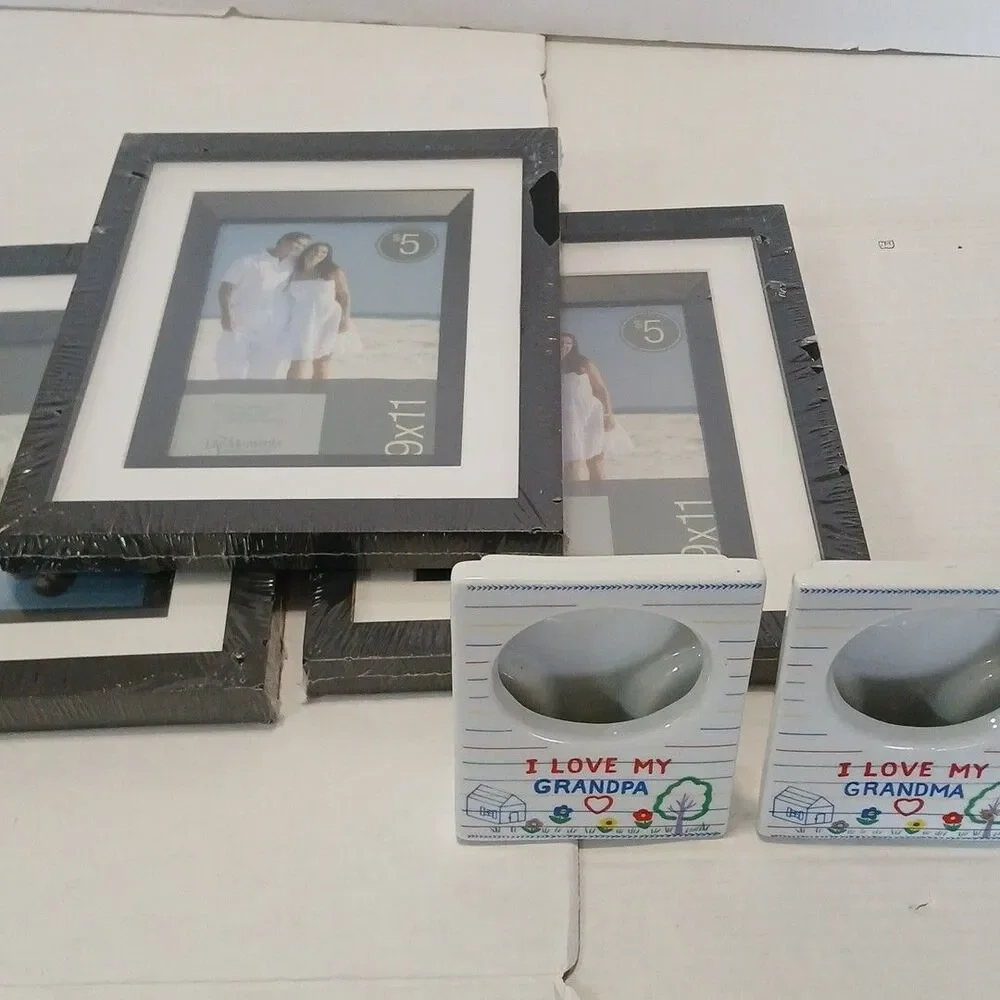Lot Of 5 Picture Frames 3-Black 9×11(New) 2- VTG CERAMIC Russ BERRIE 5×4(used)